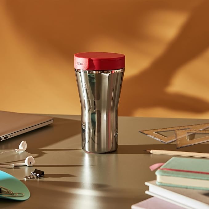 Alessi "Caffè Travel Mug" GIA 24 R coperchio in resina termoplastica rossa e mug in acciaio inossidabile 18/10, 18 x 9.7 x 10