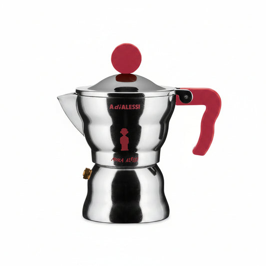 Alessi "Moka" caffettiera espresso di design, corpo in alluminio, manico e pomolo in resina termoplastica, 1 tazza