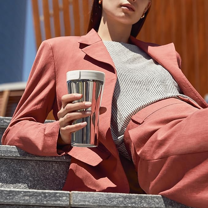 Alessi "Caffè Travel Mug" GIA 24 W coperchio in resina termoplastica bianca e mug in  acciaio inossidabile 18/10, 18 x 9.7 x 10