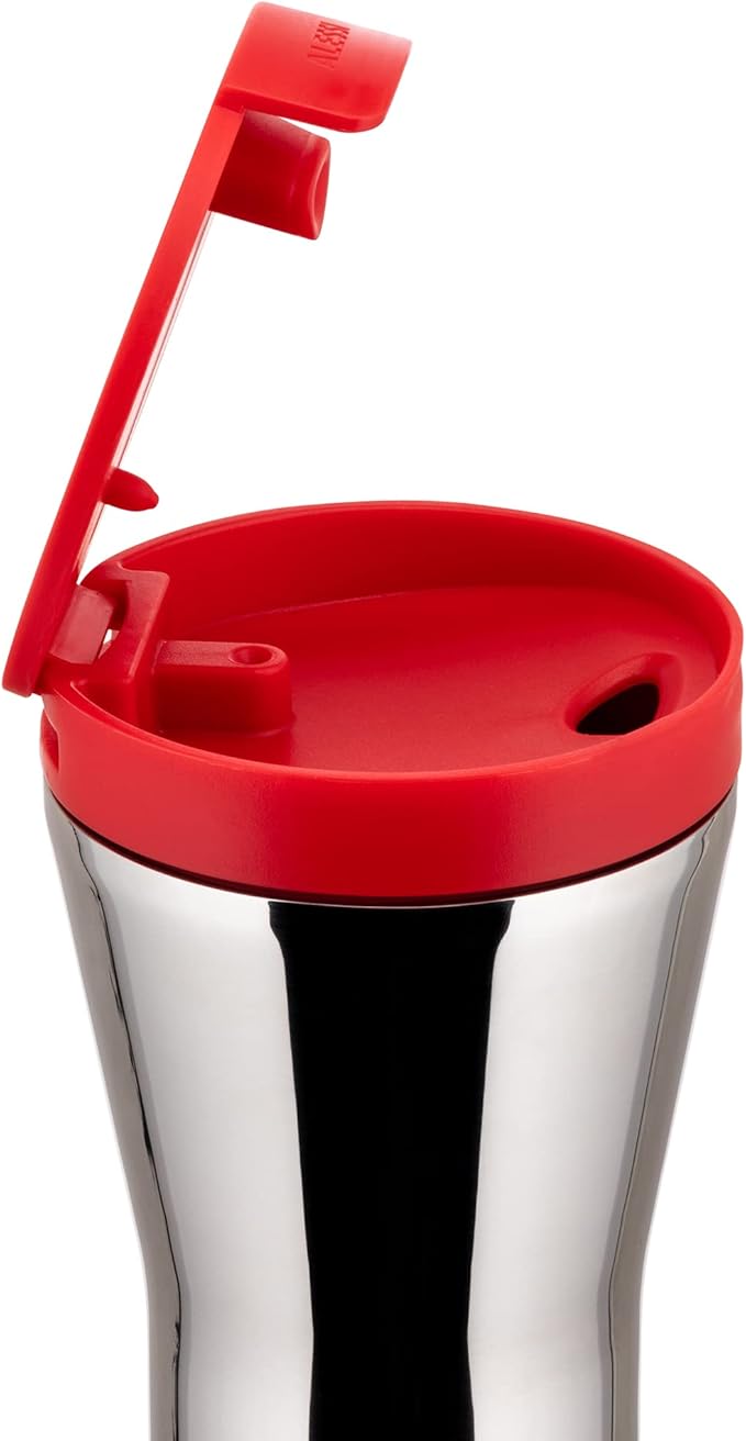 Alessi "Caffè Travel Mug" GIA 24 R coperchio in resina termoplastica rossa e mug in acciaio inossidabile 18/10, 18 x 9.7 x 10
