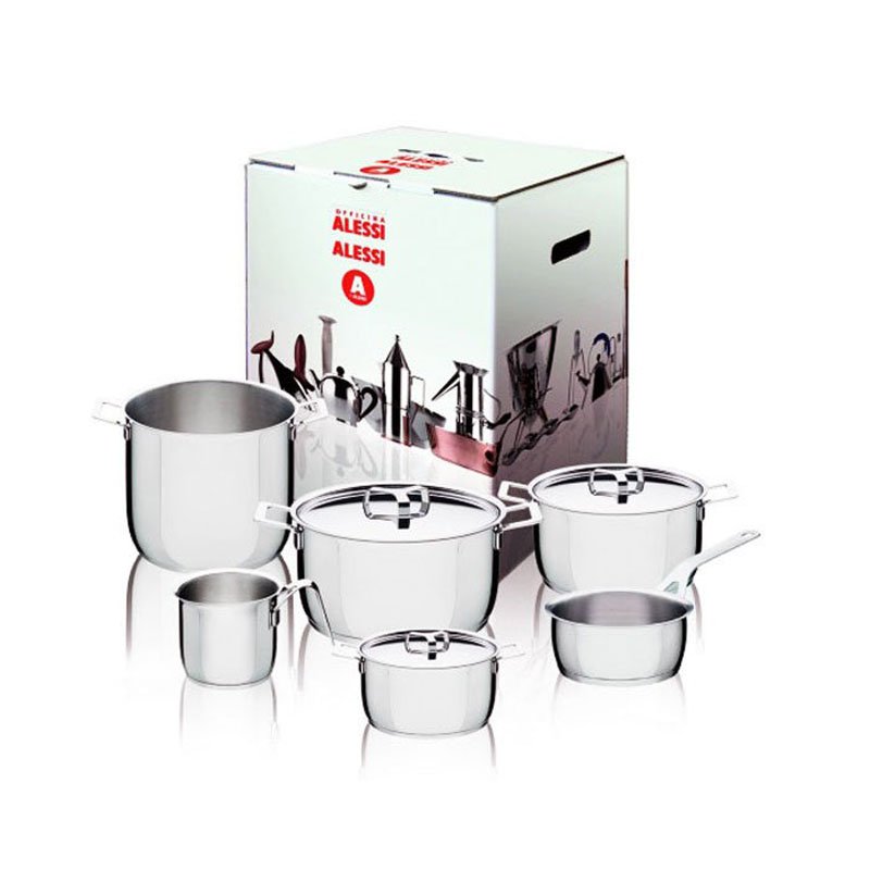 Alessi "Pots & Pans" set di pentole e coperchi 9 pezzi in acciaio lucido 18/10