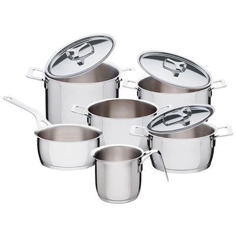 Alessi "Pots & Pans" set di pentole e coperchi 9 pezzi in acciaio lucido 18/10